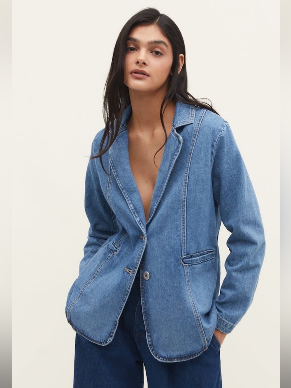 Stradivarius Denim Blazer Jacket Medium Wash Blue Size Small NWT